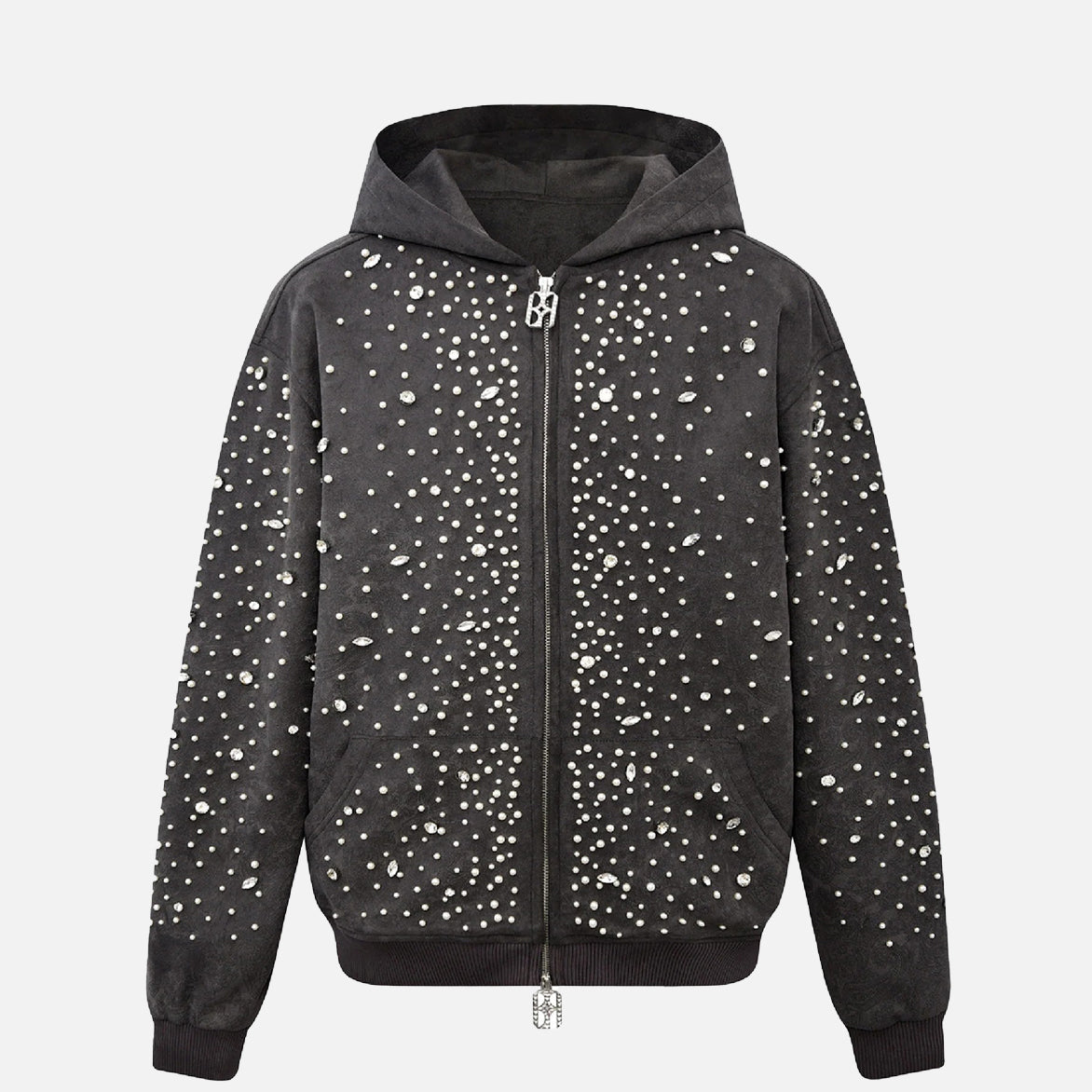 CASHEW BLOSSOM PEARL ZIPPER HOODIE - BLACK
