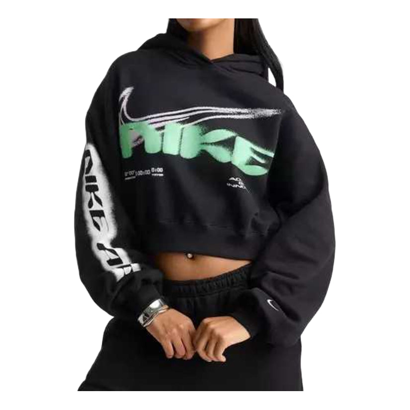 (WMNS) Nike Studio Fleece Medium Weight Cropped Oversized Hoodie 'Total Black Sail' IV4952-001 - Nike Professional Edition